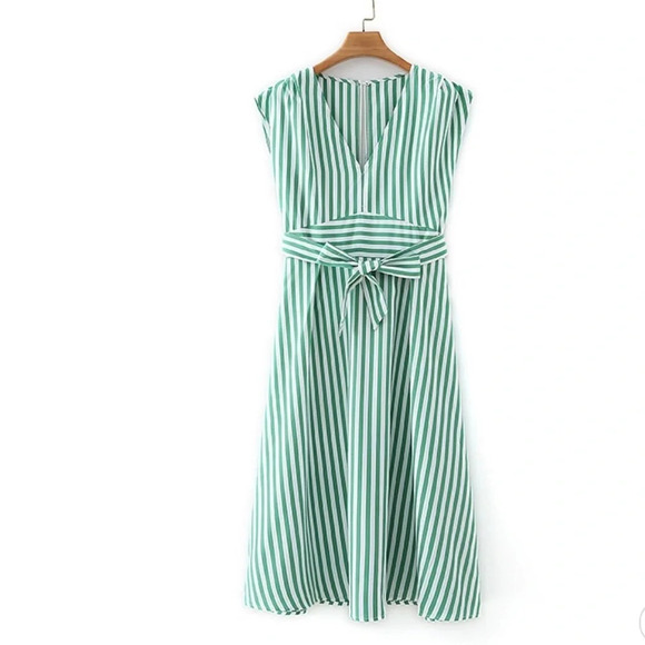 Casual Stripe Printing Off Shoulder Sleeveless Dress - Picture 4 of 8